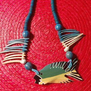 Vintage Wood Chunks Necklace with Hand Painted Wood Fish, Tiki, Hawaii, Mermaid.